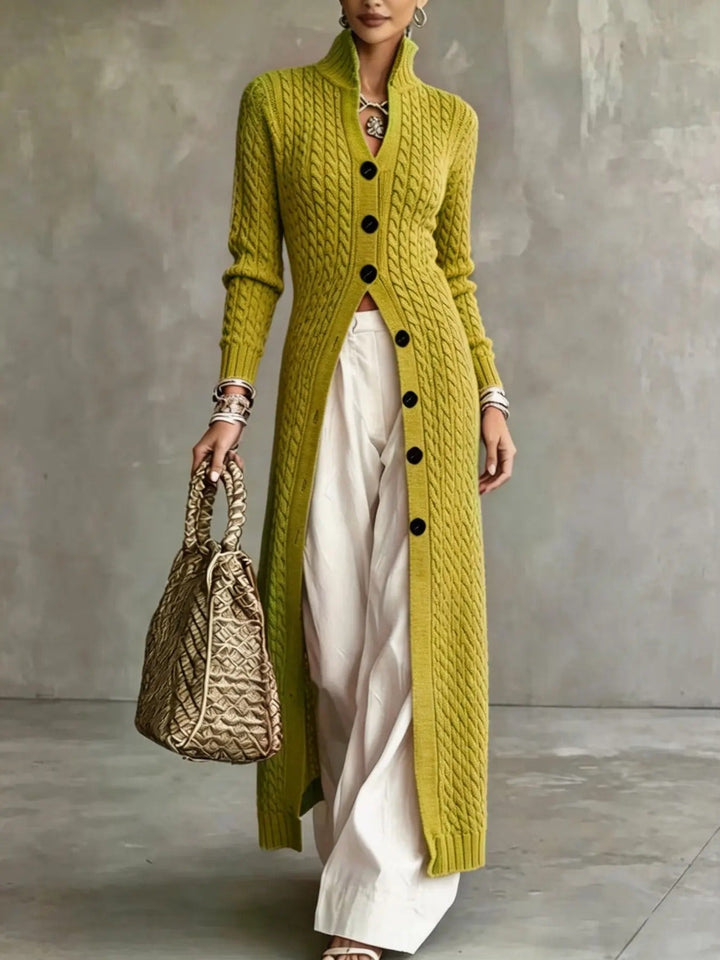 Elvara Langer Damen Strickcardigan mit Zopfmuster, Stehkragen und Knopfverschluss