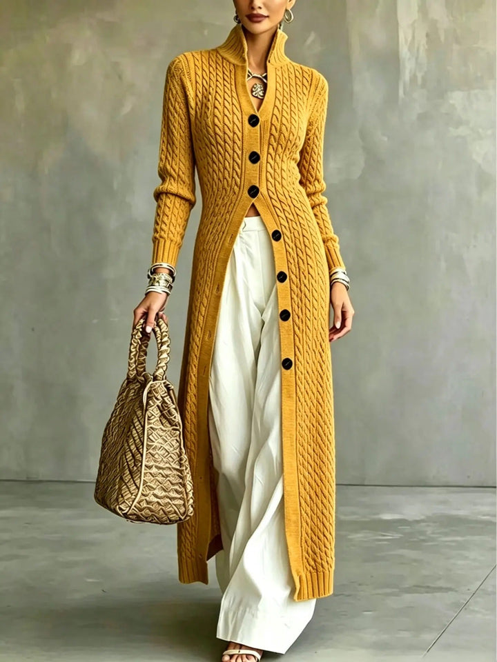 Elvara Langer Damen Strickcardigan mit Zopfmuster, Stehkragen und Knopfverschluss