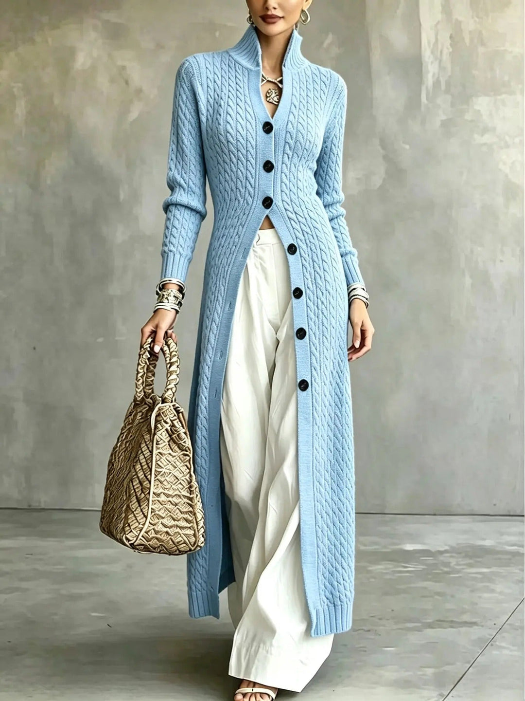 Elvara Langer Damen Strickcardigan mit Zopfmuster, Stehkragen und Knopfverschluss