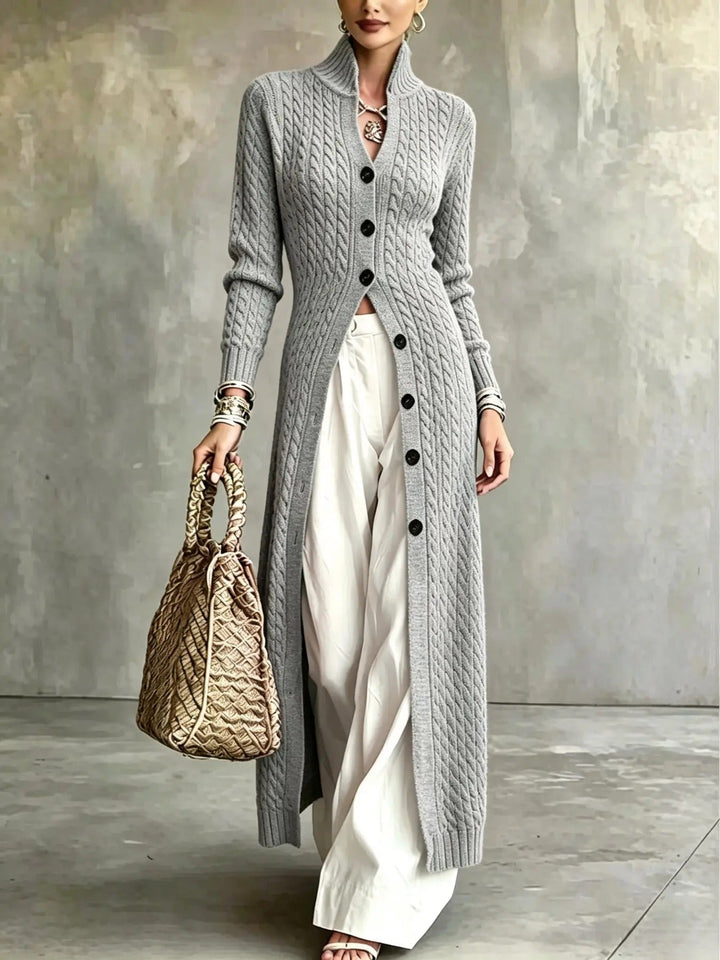 Elvara Langer Damen Strickcardigan mit Zopfmuster, Stehkragen und Knopfverschluss