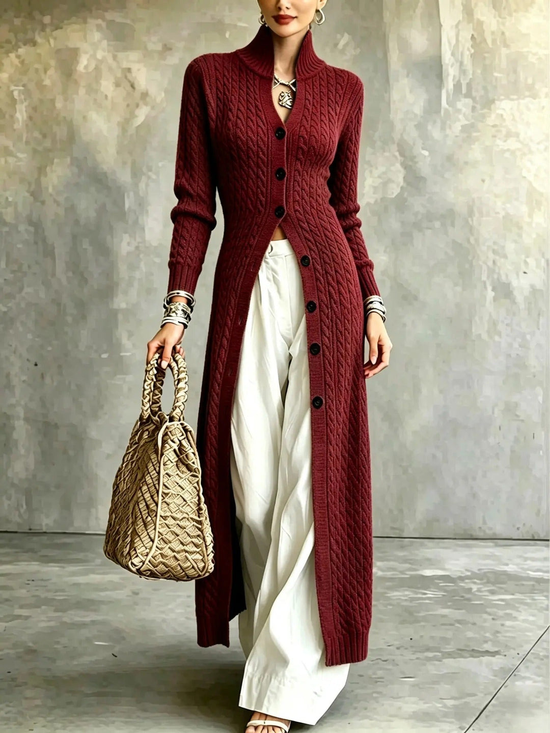 Elvara Langer Damen Strickcardigan mit Zopfmuster, Stehkragen und Knopfverschluss