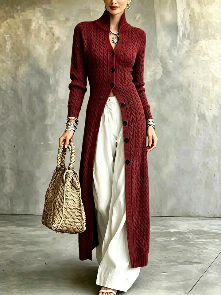 Elvara Langer Damen Strickcardigan mit Zopfmuster, Stehkragen und Knopfverschluss