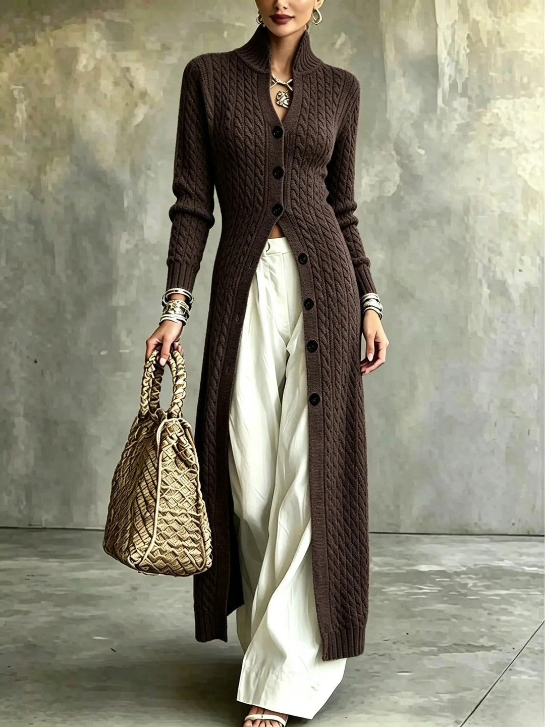 Elvara Langer Damen Strickcardigan mit Zopfmuster, Stehkragen und Knopfverschluss