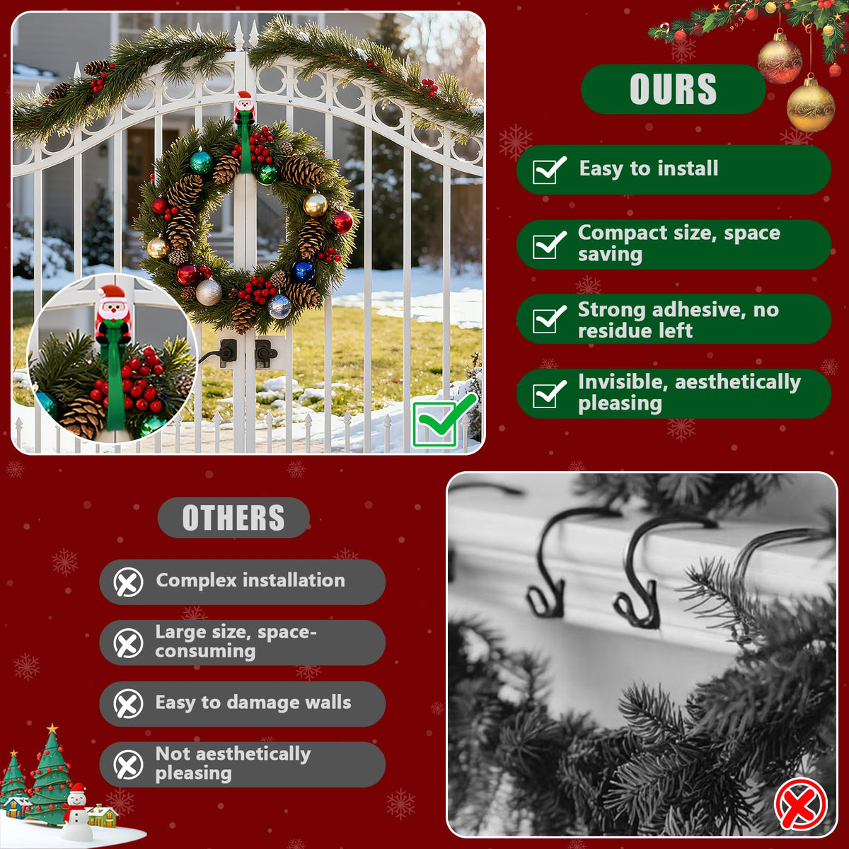SantaGrip 12er Set selbstklebende Weihnachts Haken für Girlanden und Dekoration