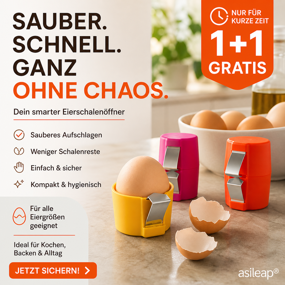 1+1 GRATIS Egglio 2 in 1 Eierknacker und Eigelb Separator für sauberes Aufschlagen