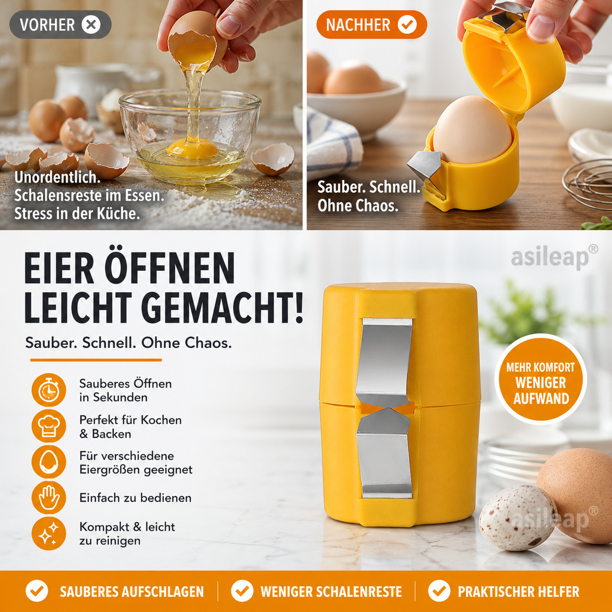 1+1 GRATIS Egglio 2 in 1 Eierknacker und Eigelb Separator für sauberes Aufschlagen