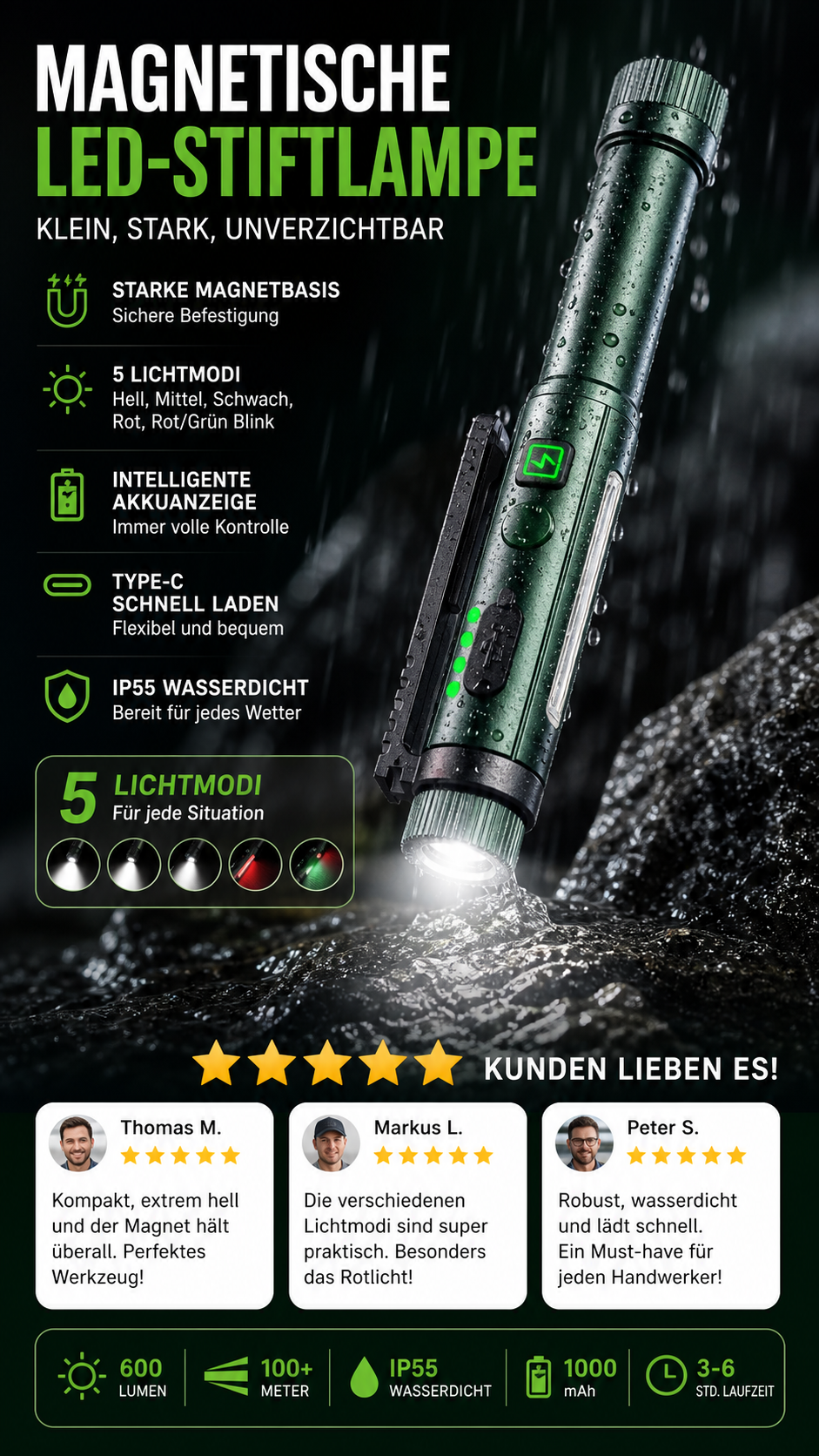 MagnoLight Multifunktionale LED Arbeitsleuchte mit Magnet, 5 Lichtmodi und USB C