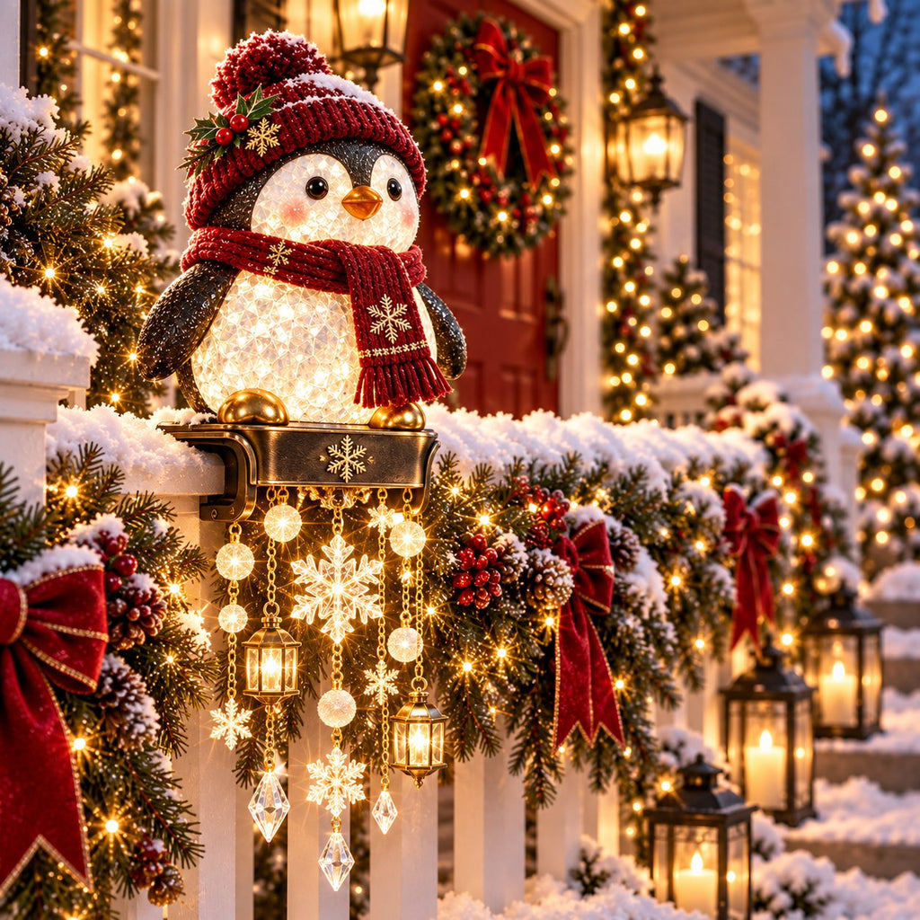 JingleGlow Leuchtende Weihnachts Geländerdeko mit hängenden Lichtornamenten