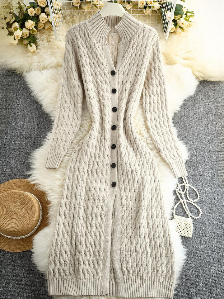 Elvara Langer Damen Strickcardigan mit Zopfmuster, Stehkragen und Knopfverschluss