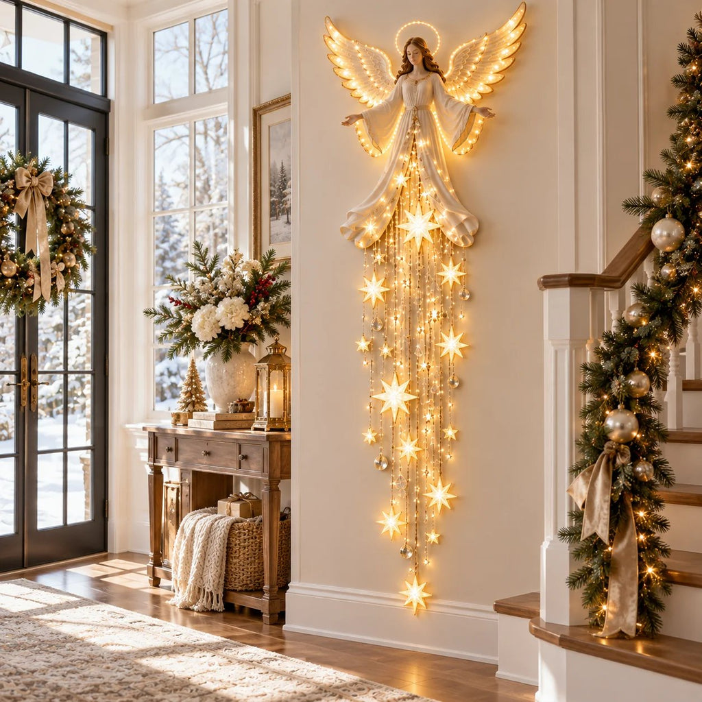 AngelLume Leuchtende Weihnachts Wanddeko mit Engel, Sternenfall und warmem LED Licht