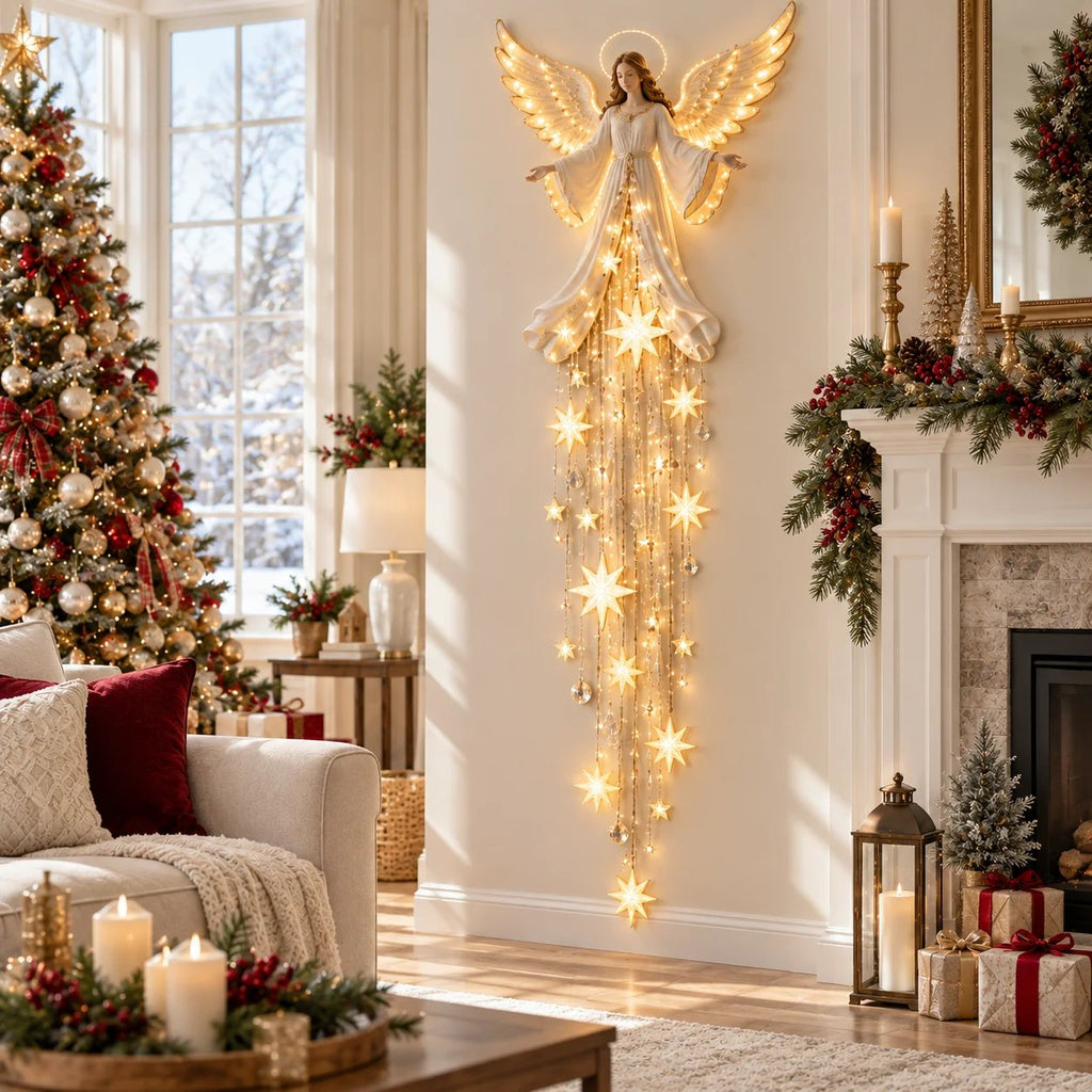 AngelLume Leuchtende Weihnachts Wanddeko mit Engel, Sternenfall und warmem LED Licht