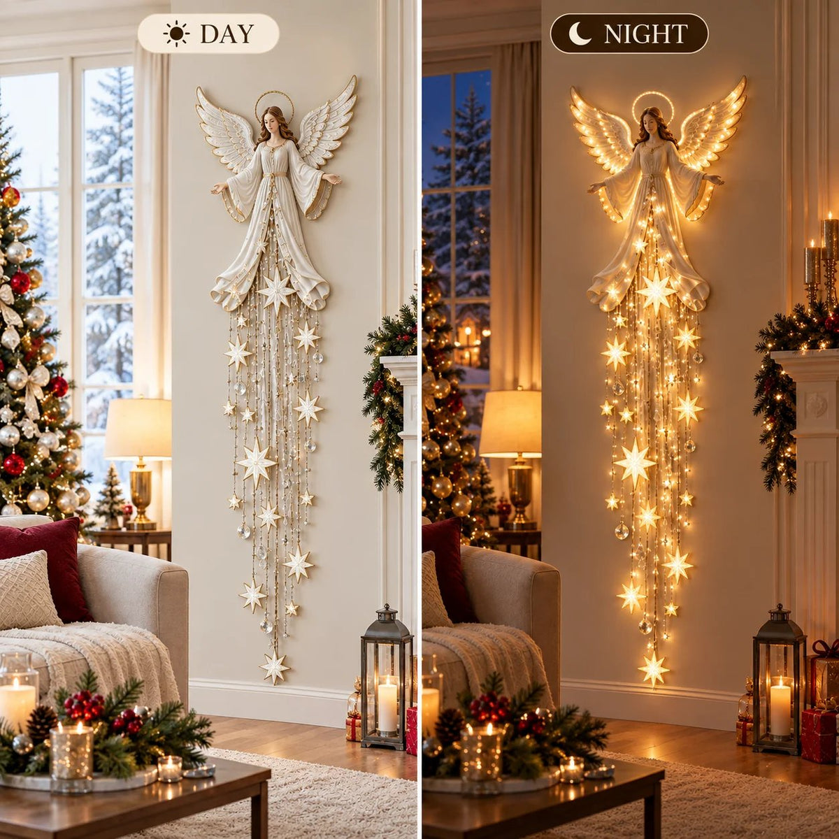 AngelLume Leuchtende Weihnachts Wanddeko mit Engel, Sternenfall und warmem LED Licht