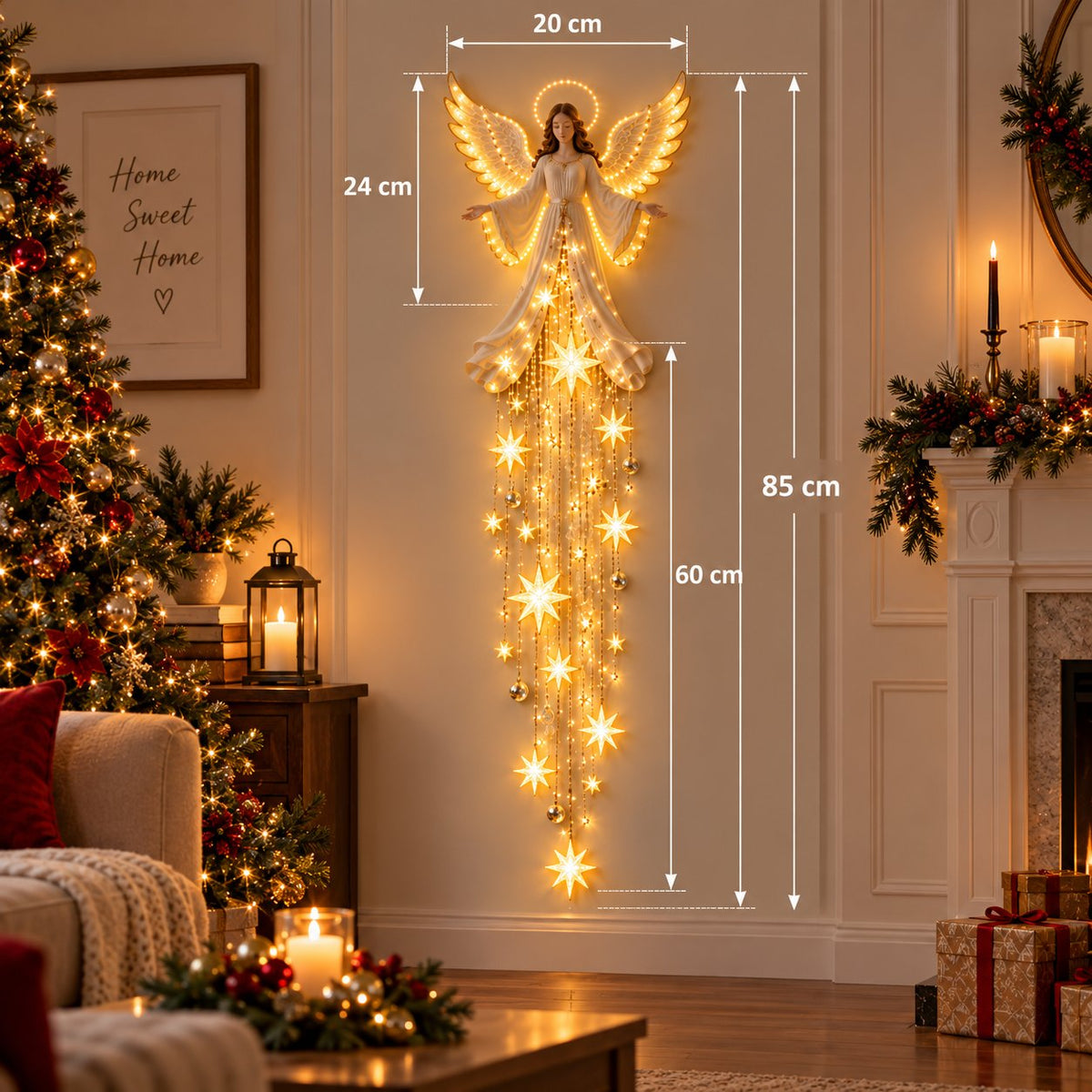 AngelLume Leuchtende Weihnachts Wanddeko mit Engel, Sternenfall und warmem LED Licht