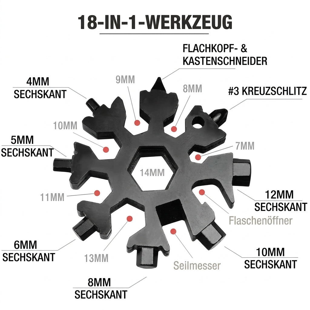 1+1 GRATIS | SnowMate 18 in 1 Edelstahl Multitool im Schneeflocken Design