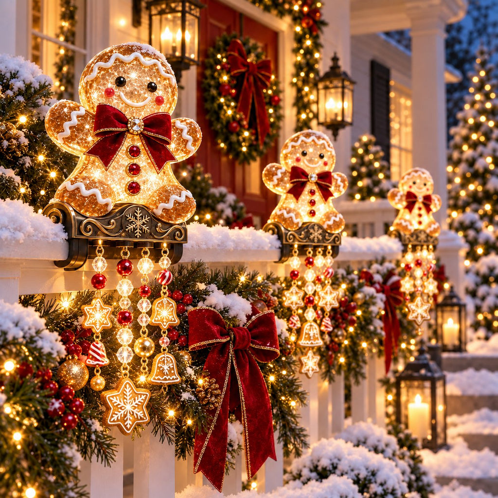 JingleGlow Leuchtende Weihnachts Geländerdeko mit hängenden Lichtornamenten