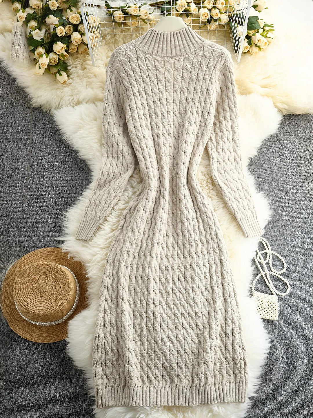 Elvara Langer Damen Strickcardigan mit Zopfmuster, Stehkragen und Knopfverschluss