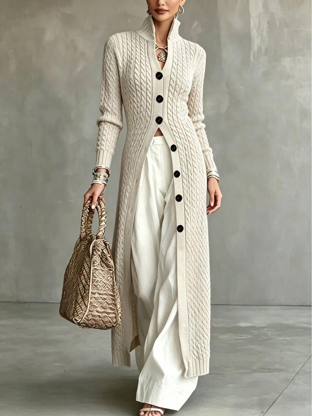 Elvara Langer Damen Strickcardigan mit Zopfmuster, Stehkragen und Knopfverschluss