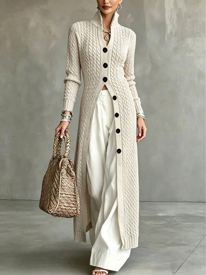 Elvara Langer Damen Strickcardigan mit Zopfmuster, Stehkragen und Knopfverschluss