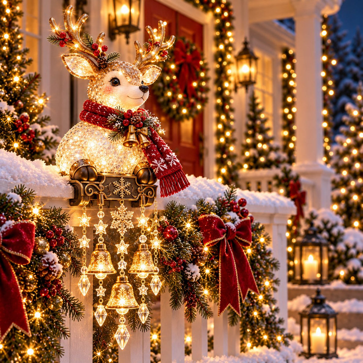 JingleGlow Leuchtende Weihnachts Geländerdeko mit hängenden Lichtornamenten