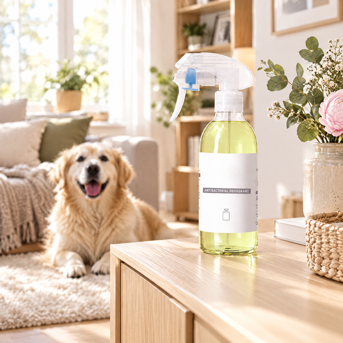FreshPaw Spray im Wohnzimmer mit Hund