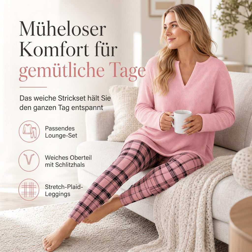 Lunessa Gemütliches Damen Set mit Strickoberteil und karierter Leggings