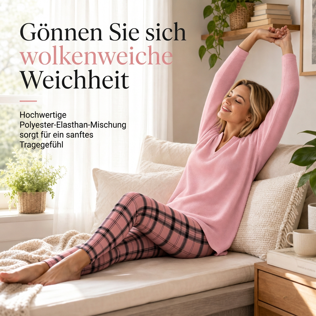 Lunessa Gemütliches Damen Set mit Strickoberteil und karierter Leggings