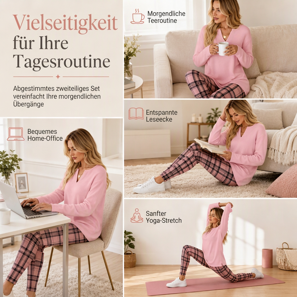 Lunessa Gemütliches Damen Set mit Strickoberteil und karierter Leggings