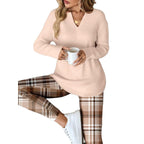 Lunessa Gemütliches Damen Set mit Strickoberteil und karierter Leggings