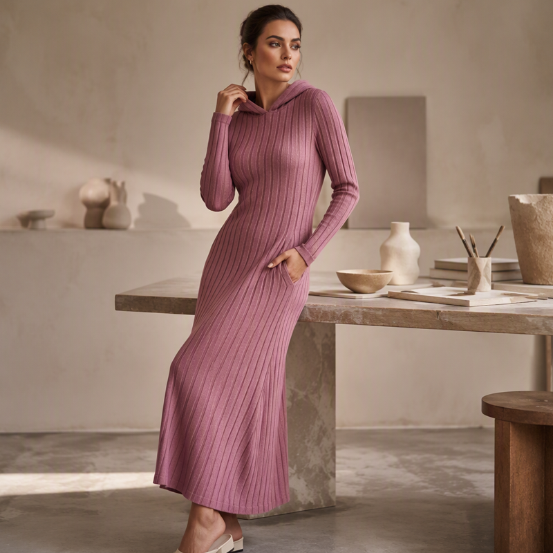 Ribella Langes Rippstrick Kapuzenkleid mit Seitentaschen