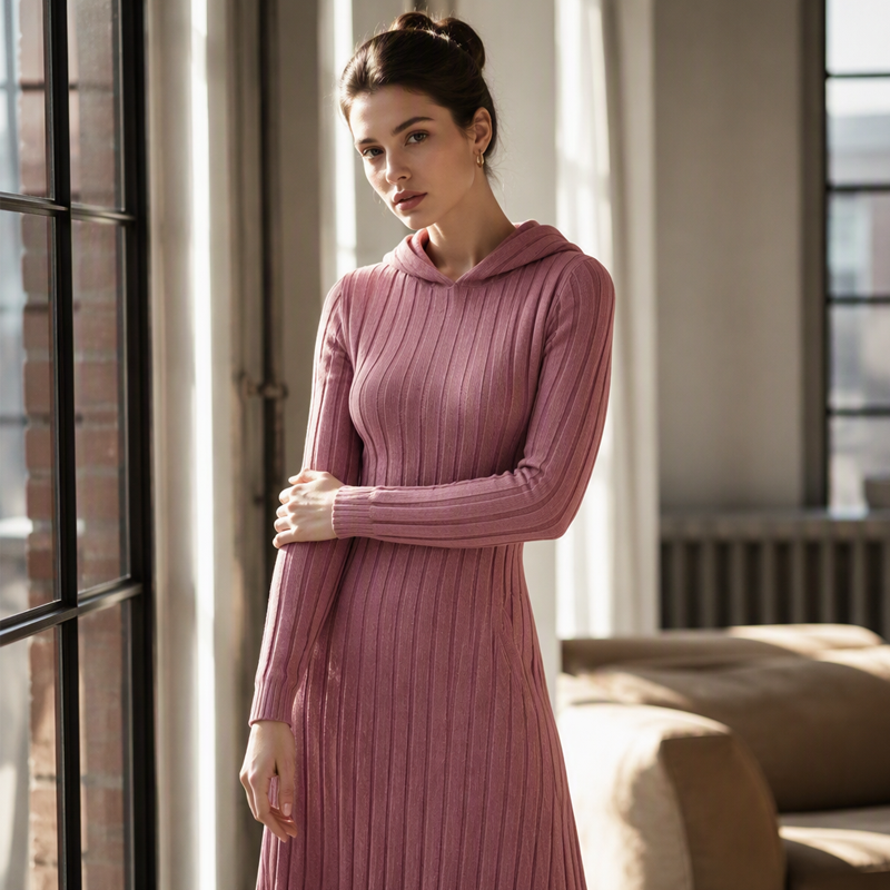 Ribella Langes Rippstrick Kapuzenkleid mit Seitentaschen