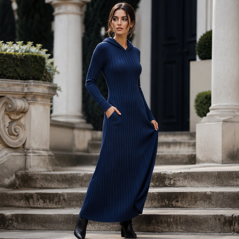 Ribella Langes Rippstrick Kapuzenkleid mit Seitentaschen