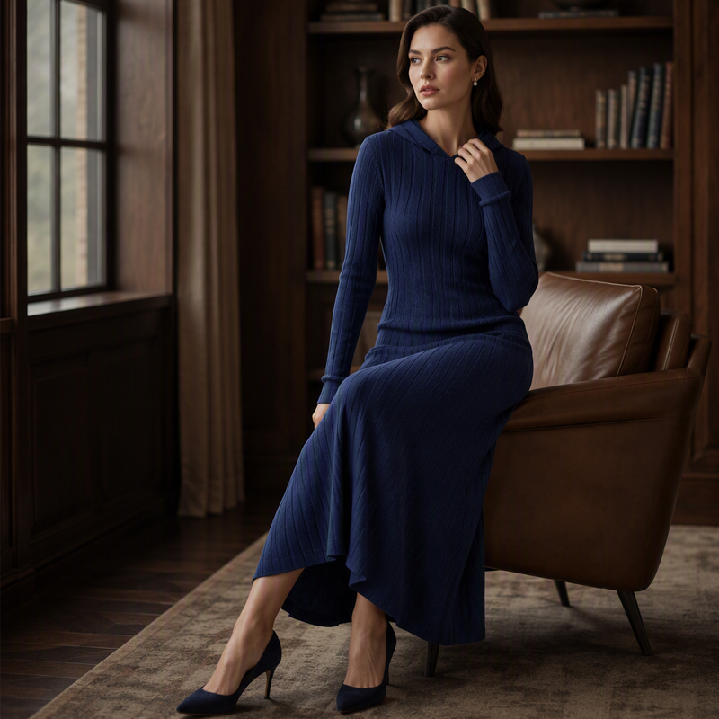 Ribella Langes Rippstrick Kapuzenkleid mit Seitentaschen