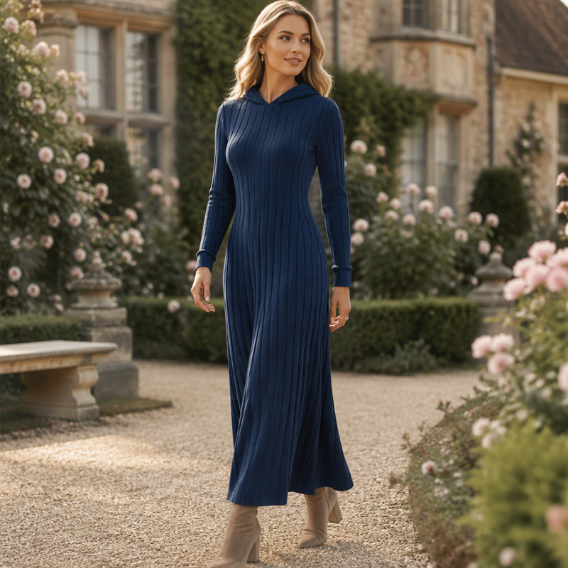 Ribella Langes Rippstrick Kapuzenkleid mit Seitentaschen