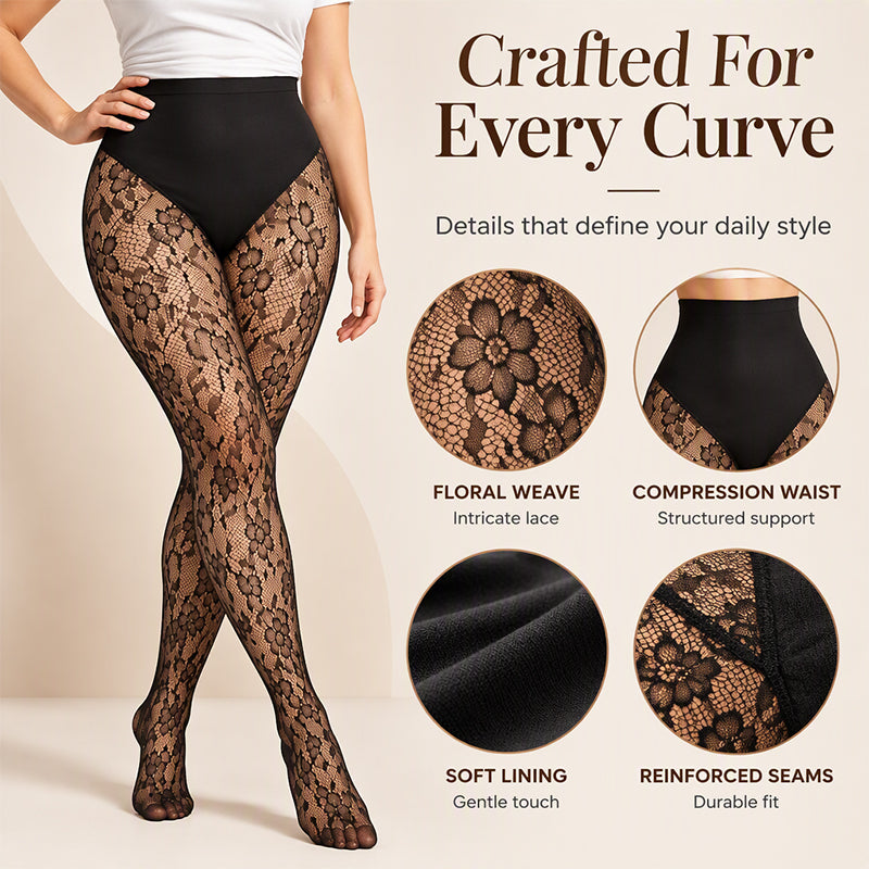 Florisse Hochtaillierte Spitzen Strumpfhose mit formendem Bund und floralem Muster